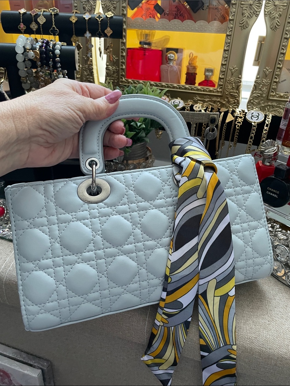 ✨Light Blue Quilted Top-Handle Women's Bag with Decorative Scarf✨NEW